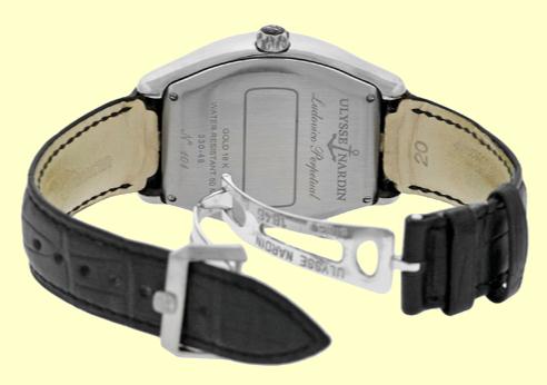 The 18k white gold watches have black leather straps.