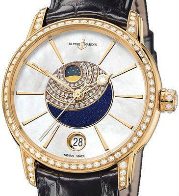 The 18k gold fake watch is decorated with diamonds.