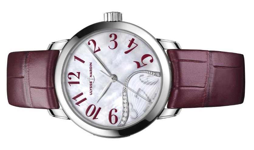 The wine red strap fake watch has a white dial.