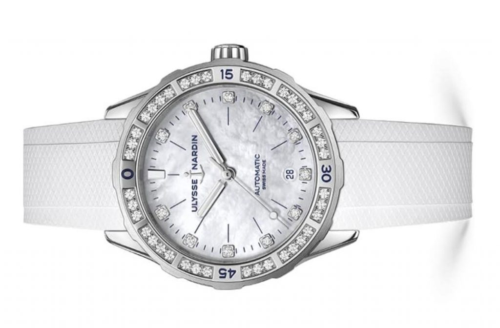 The stainless steel fake watch is decorated with diamonds.