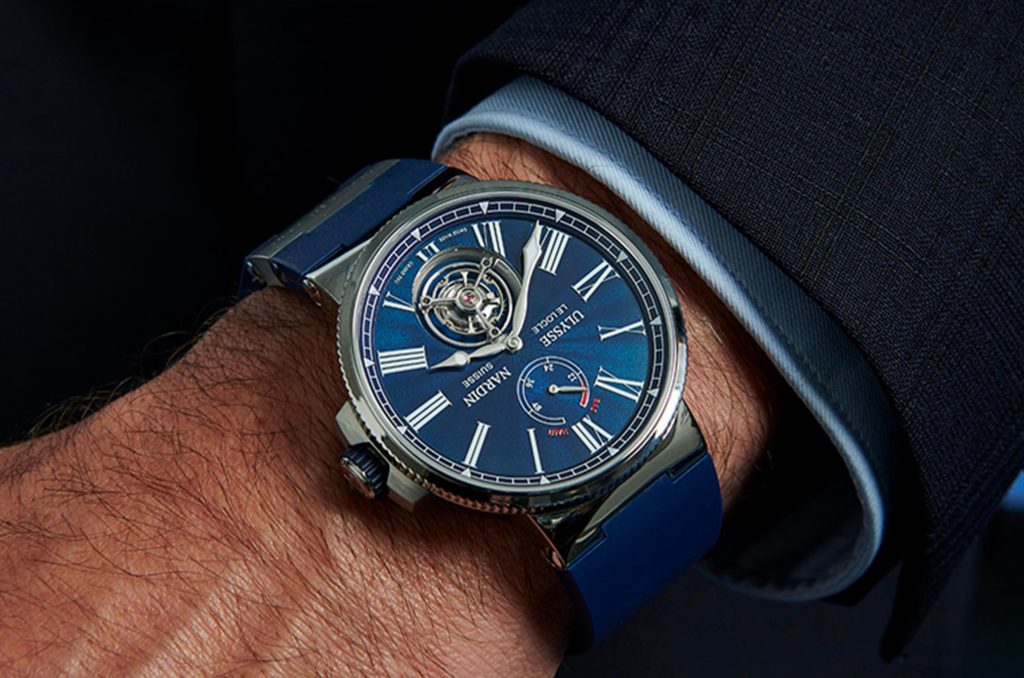 The blue dial fake watch has a tourbillon.